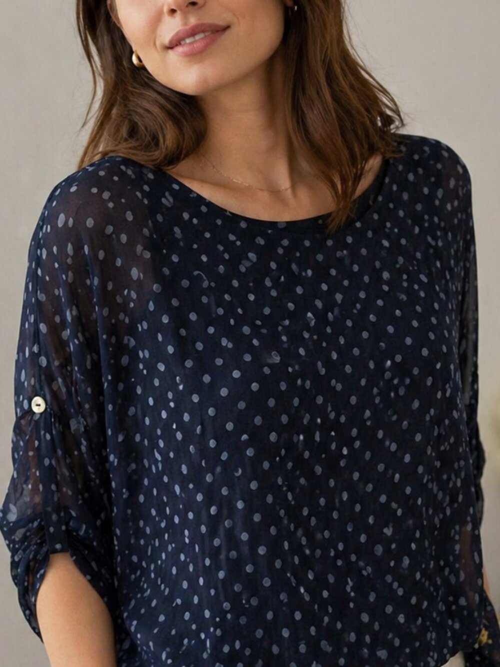 Carla Conti Silk Polka Dot Blouse – Made in Italy, Layered Sheer Top, Size L